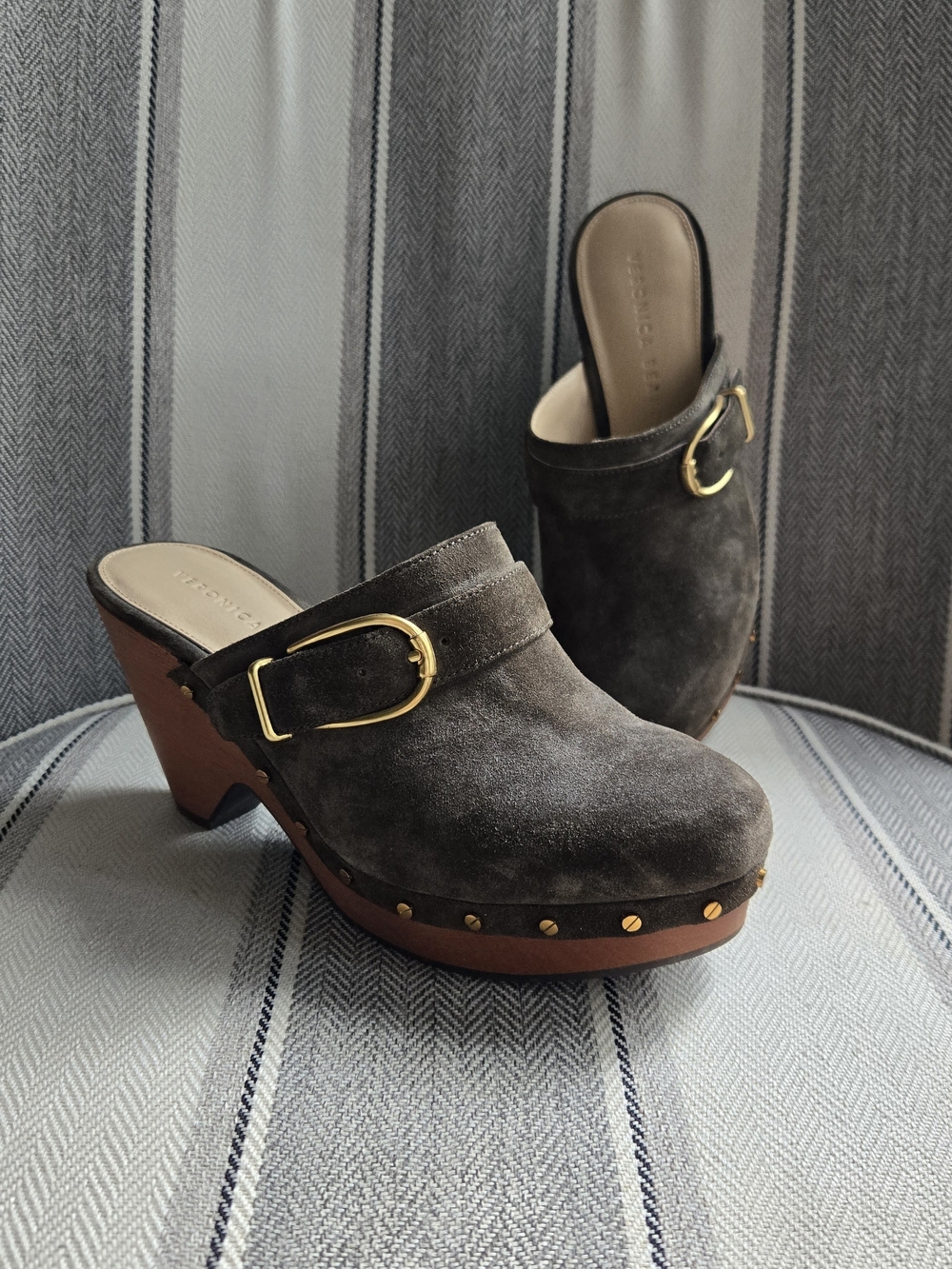 Veronica Beard Suede Studded Clog Mules with Gold Buckle
